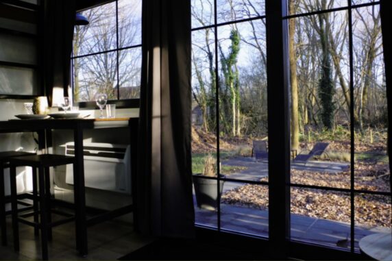 Tiny House in Hoogersmilde eettafel met uitzicht op tuin